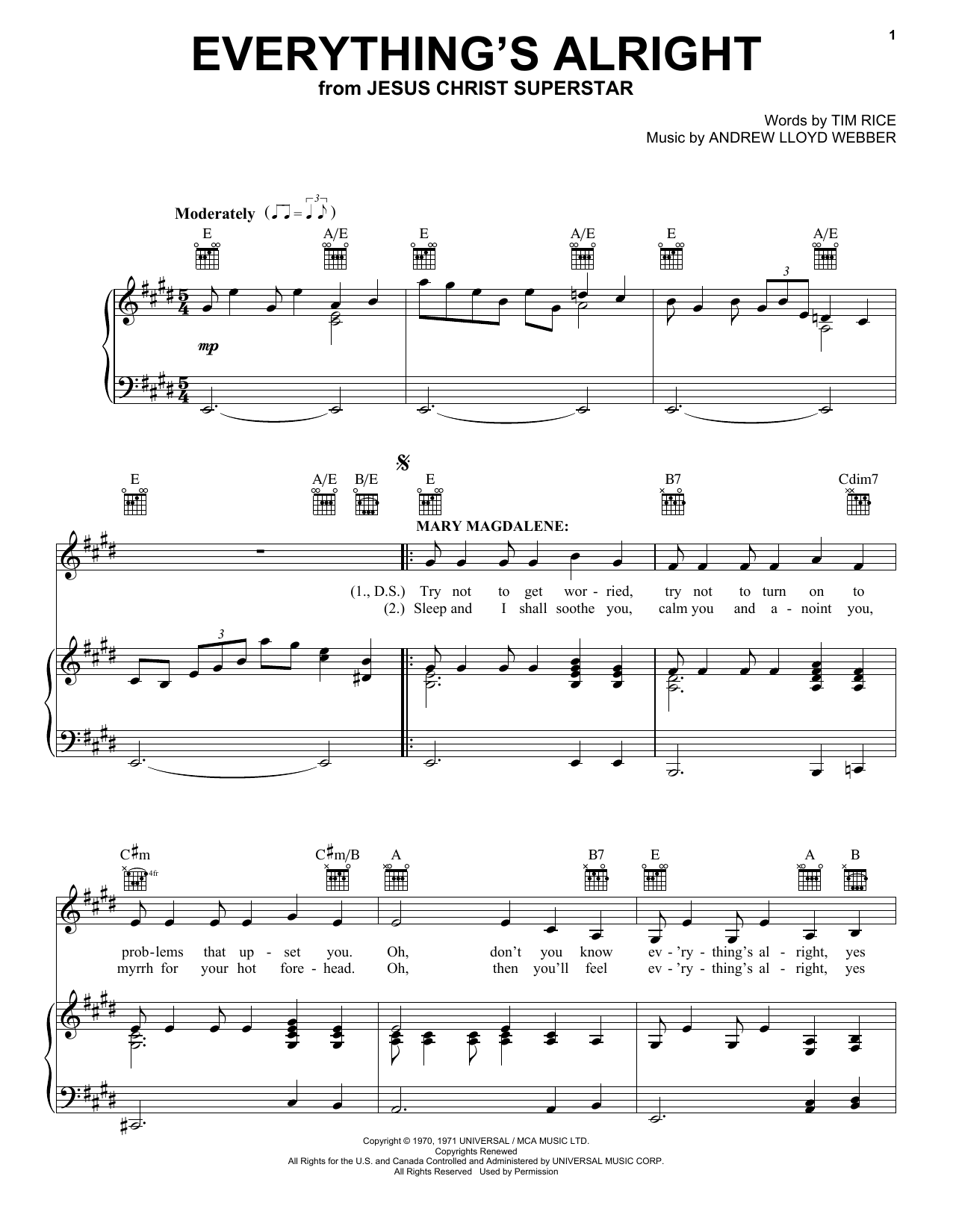 Andrew Lloyd Webber Everything's Alright (from Jesus Christ Superstar) sheet music notes and chords arranged for Alto Sax Solo