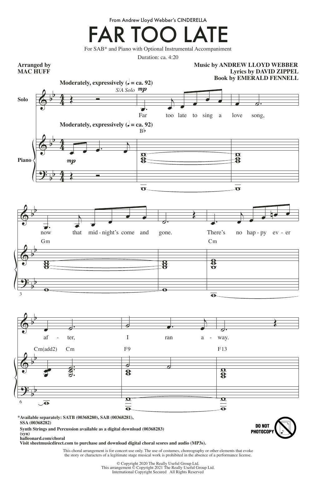 Andrew Lloyd Webber Far Too Late (from Cinderella) (arr. Mac Huff) sheet music notes and chords arranged for SAB Choir