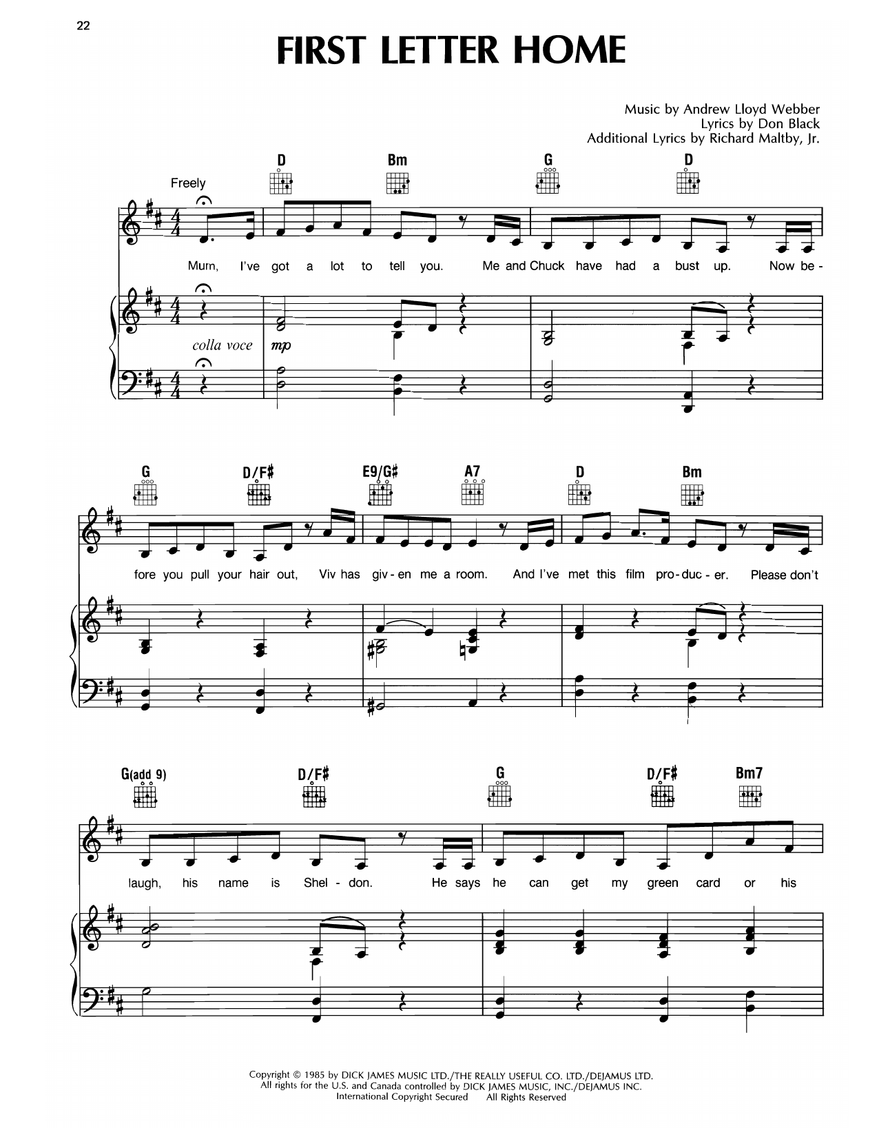 Andrew Lloyd Webber First Letter Home (from Song & Dance) sheet music notes and chords arranged for Piano, Vocal & Guitar Chords (Right-Hand Melody)