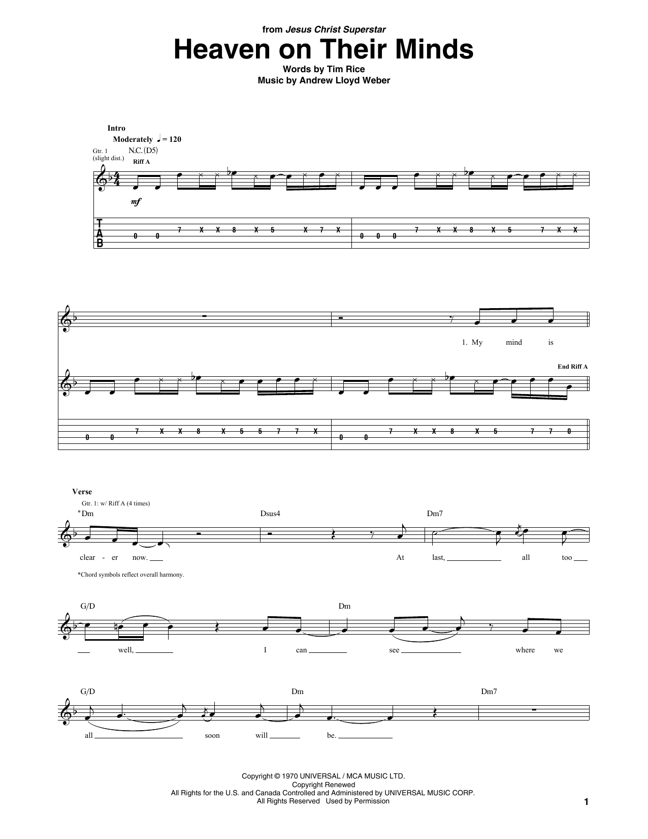 Andrew Lloyd Webber Heaven On Their Minds (from Jesus Christ Superstar) sheet music notes and chords arranged for Guitar Tab