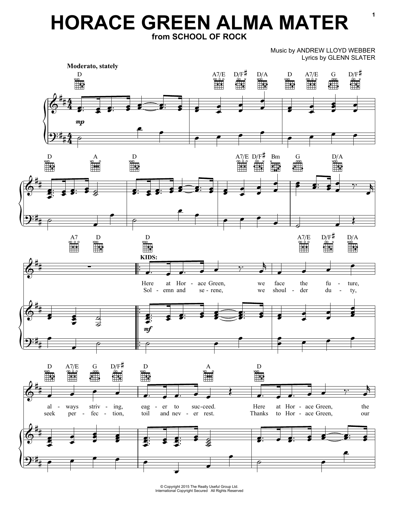 Andrew Lloyd Webber Horace Green Alma Mater (from School of Rock: The Musical) sheet music notes and chords arranged for Piano, Vocal & Guitar Chords (Right-Hand Melody)