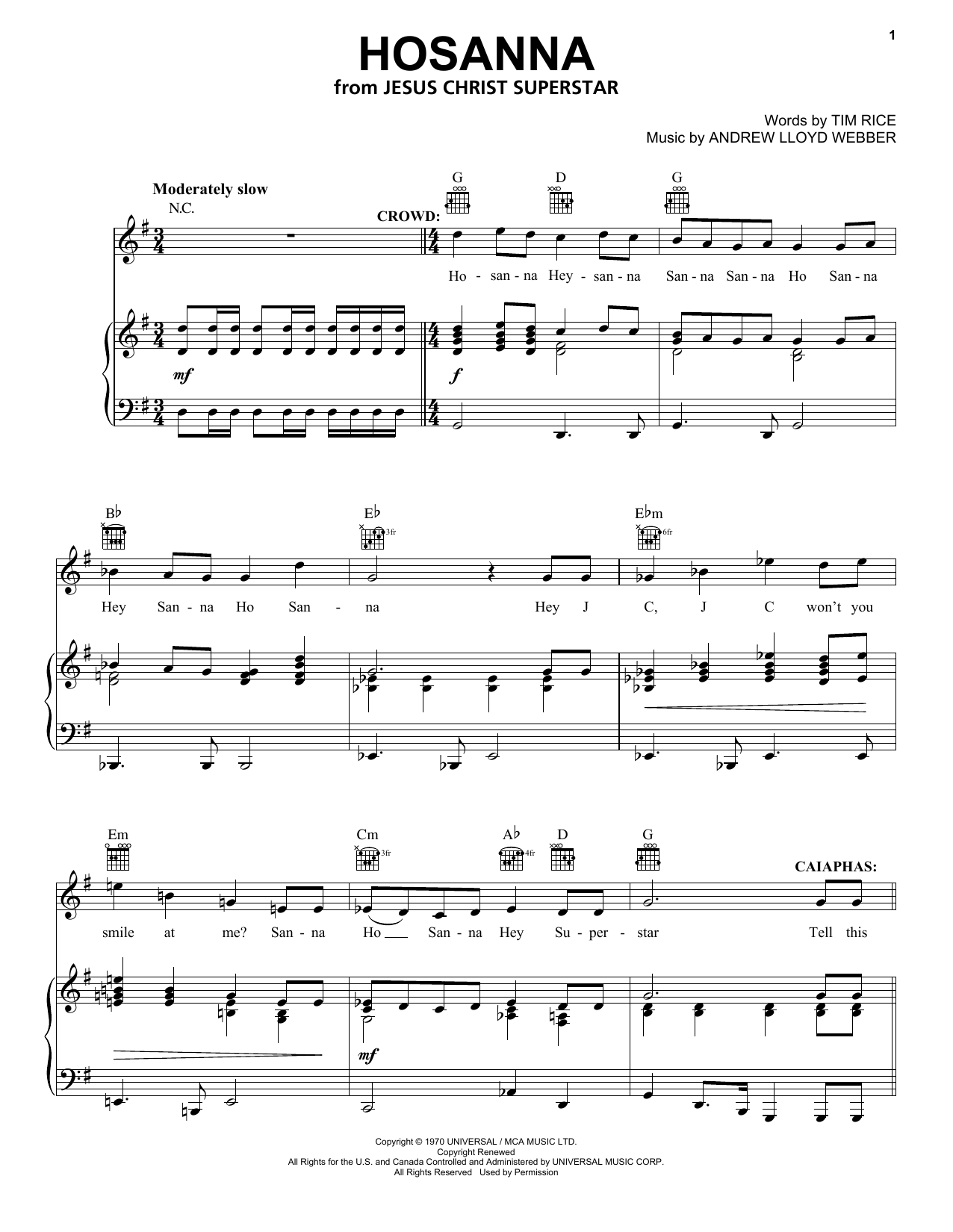 Andrew Lloyd Webber Hosanna sheet music notes and chords arranged for Piano, Vocal & Guitar Chords (Right-Hand Melody)