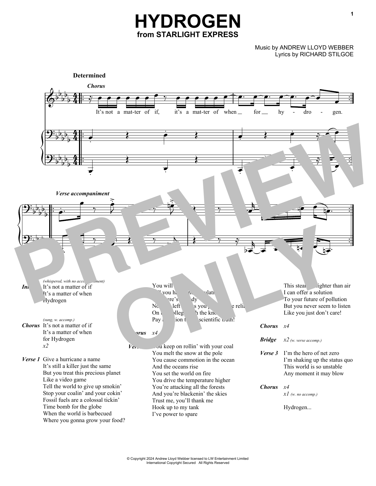 Andrew Lloyd Webber Hydrogen (from Starlight Express) sheet music notes and chords arranged for Piano, Vocal & Guitar Chords (Right-Hand Melody)