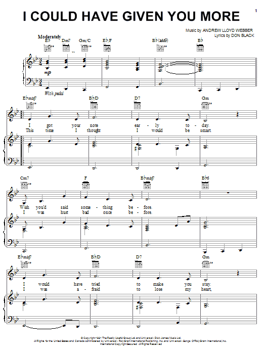 Andrew Lloyd Webber I Could Have Given You More sheet music notes and chords arranged for Piano, Vocal & Guitar Chords (Right-Hand Melody)