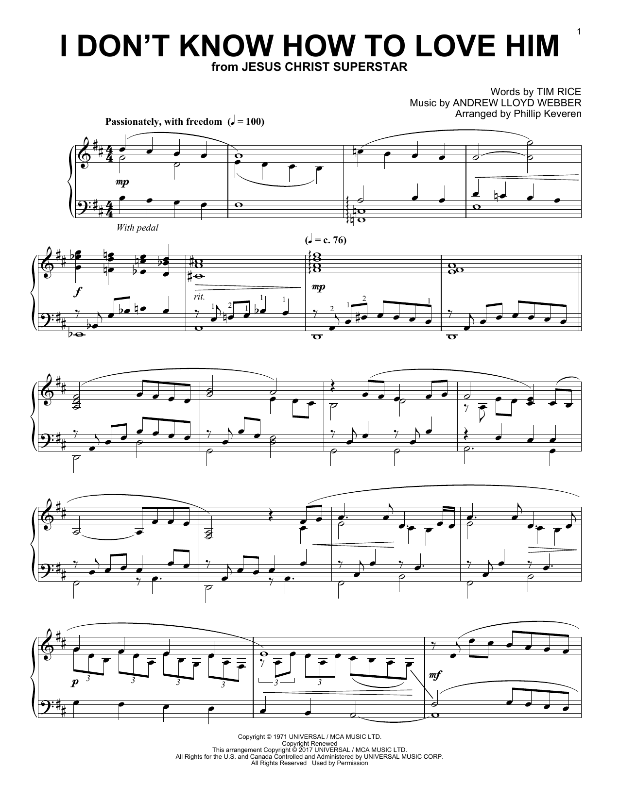 Andrew Lloyd Webber I Don't Know How To Love Him (arr. Phillip Keveren) sheet music notes and chords arranged for Piano Solo