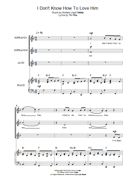 Andrew Lloyd Webber I Don't Know How To Love Him (from Jesus Christ Superstar) (arr. Jeremy Birchall) sheet music notes and chords arranged for SSA Choir