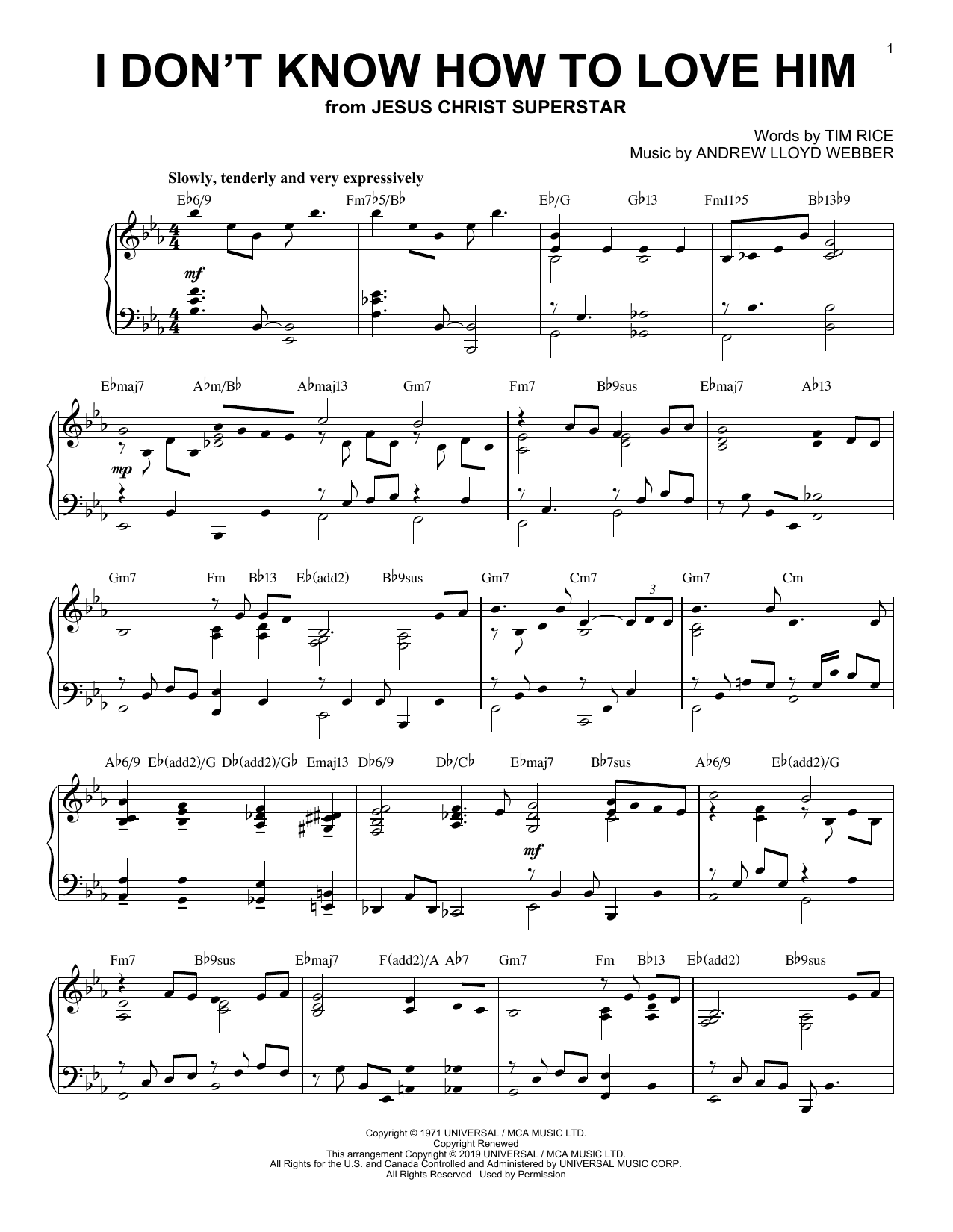 Andrew Lloyd Webber I Don't Know How To Love Him [Jazz version] (from Jesus Christ Superstar) sheet music notes and chords arranged for Piano Solo
