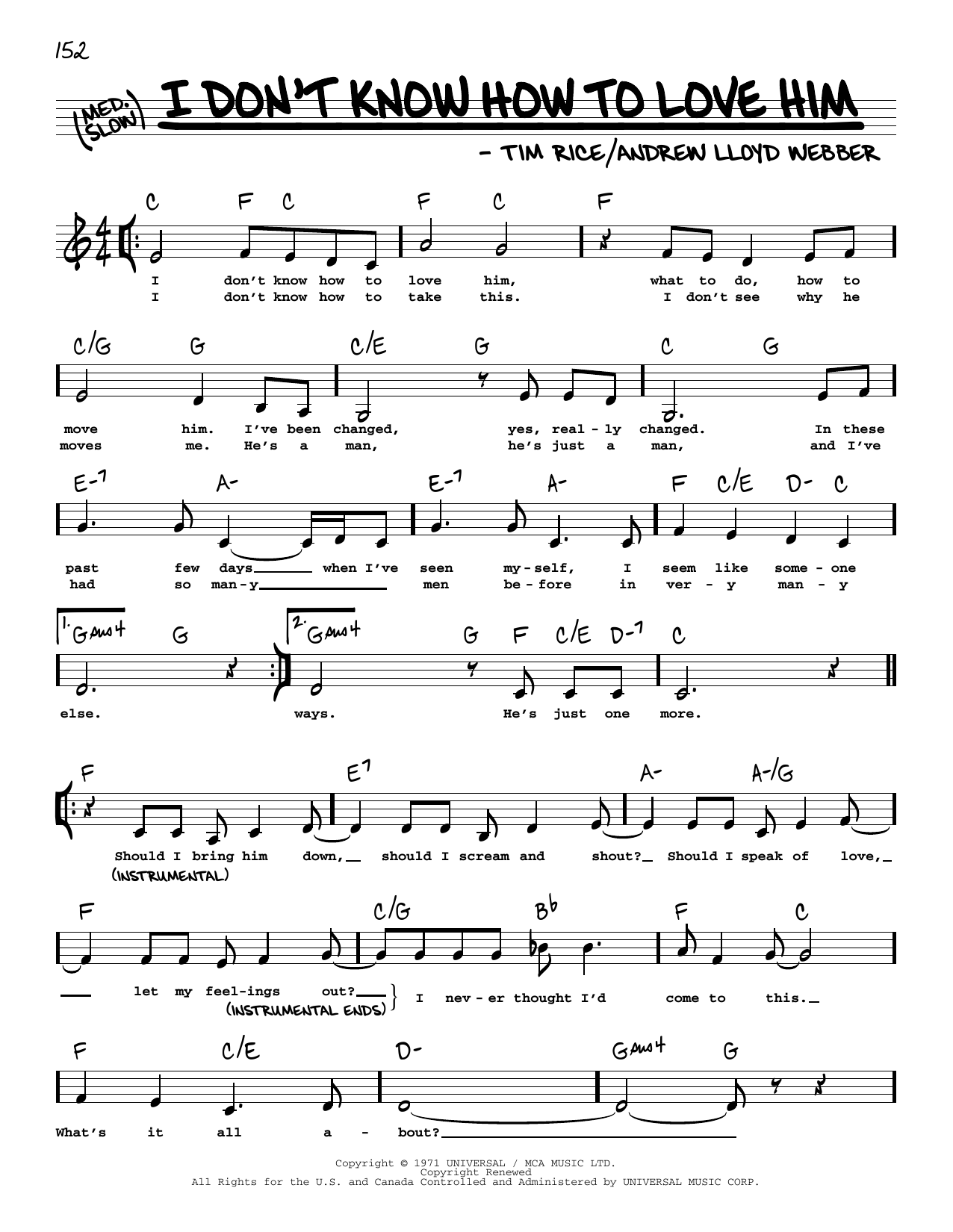 Andrew Lloyd Webber I Don't Know How To Love Him (Low Voice) (from Jesus Christ Superstar) sheet music notes and chords arranged for Real Book – Melody, Lyrics & Chords