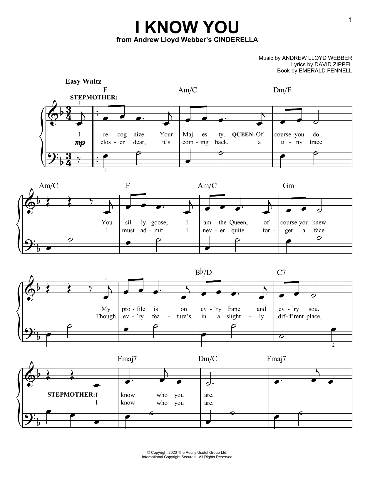 Andrew Lloyd Webber I Know You (from Andrew Lloyd Webber's Cinderella) sheet music notes and chords arranged for Easy Piano