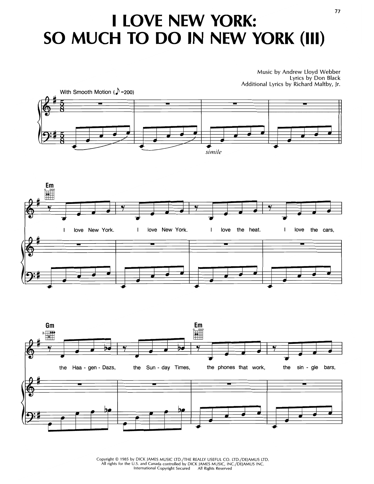 Andrew Lloyd Webber I Love New York / So Much To Do In New York (from Song & Dance) sheet music notes and chords arranged for Piano, Vocal & Guitar Chords (Right-Hand Melody)