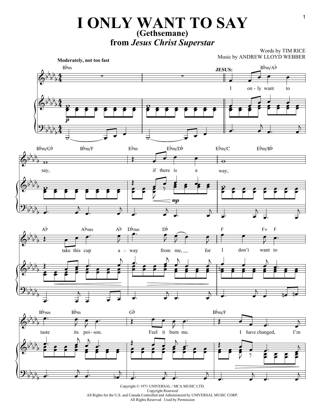 Andrew Lloyd Webber I Only Want To Say (Gethsemane) (from Jesus Christ Superstar) sheet music notes and chords arranged for Piano & Vocal