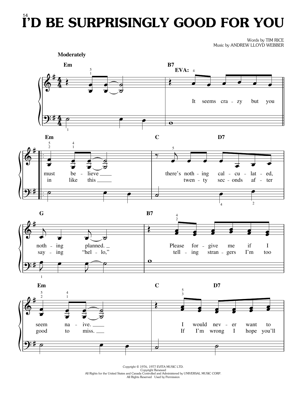 Andrew Lloyd Webber I'd Be Surprisingly Good For You (from Evita) sheet music notes and chords arranged for Easy Piano