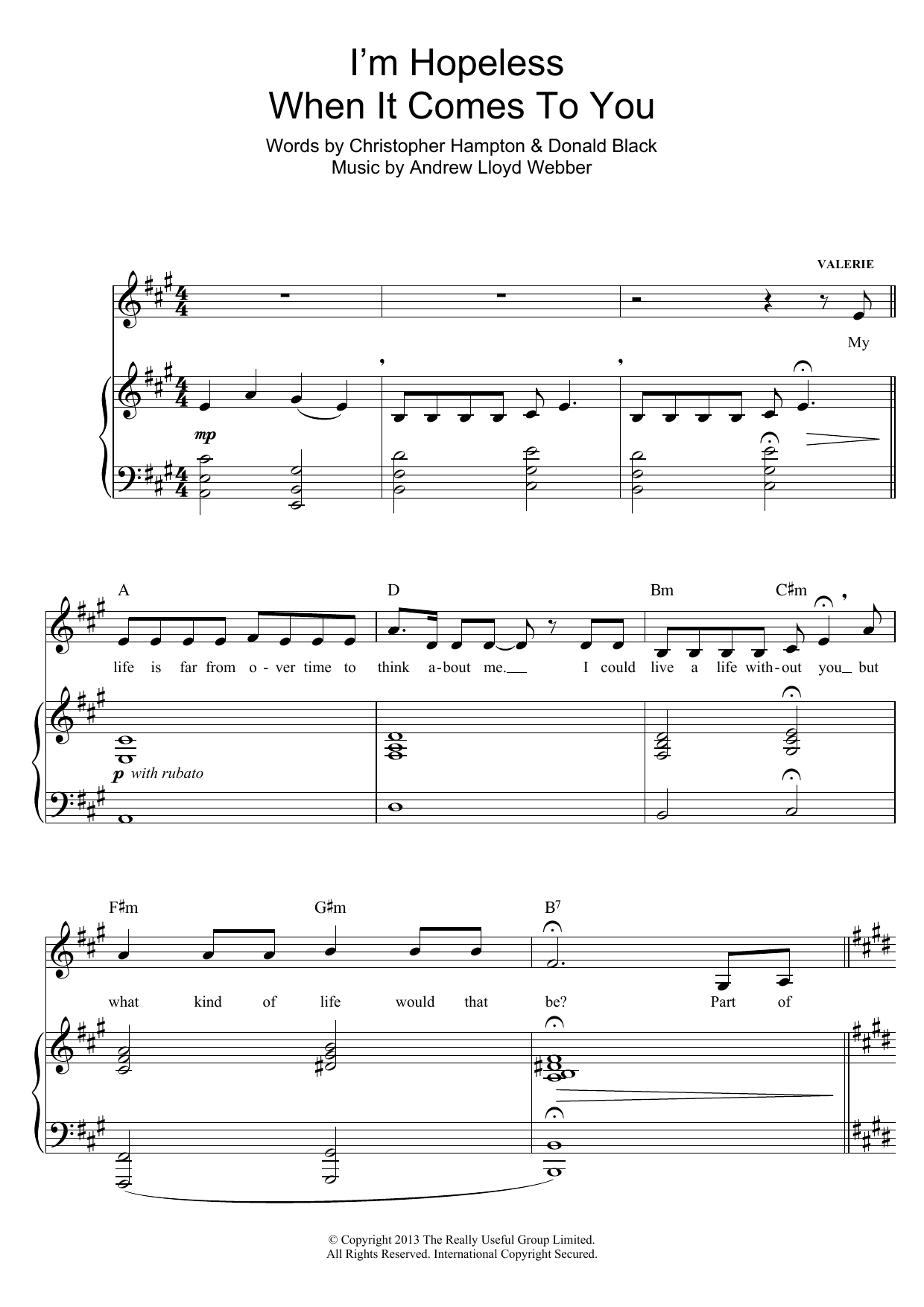 Andrew Lloyd Webber I'm Hopeless When It Comes To You (from Stephen Ward) sheet music notes and chords arranged for Piano, Vocal & Guitar Chords (Right-Hand Melody)