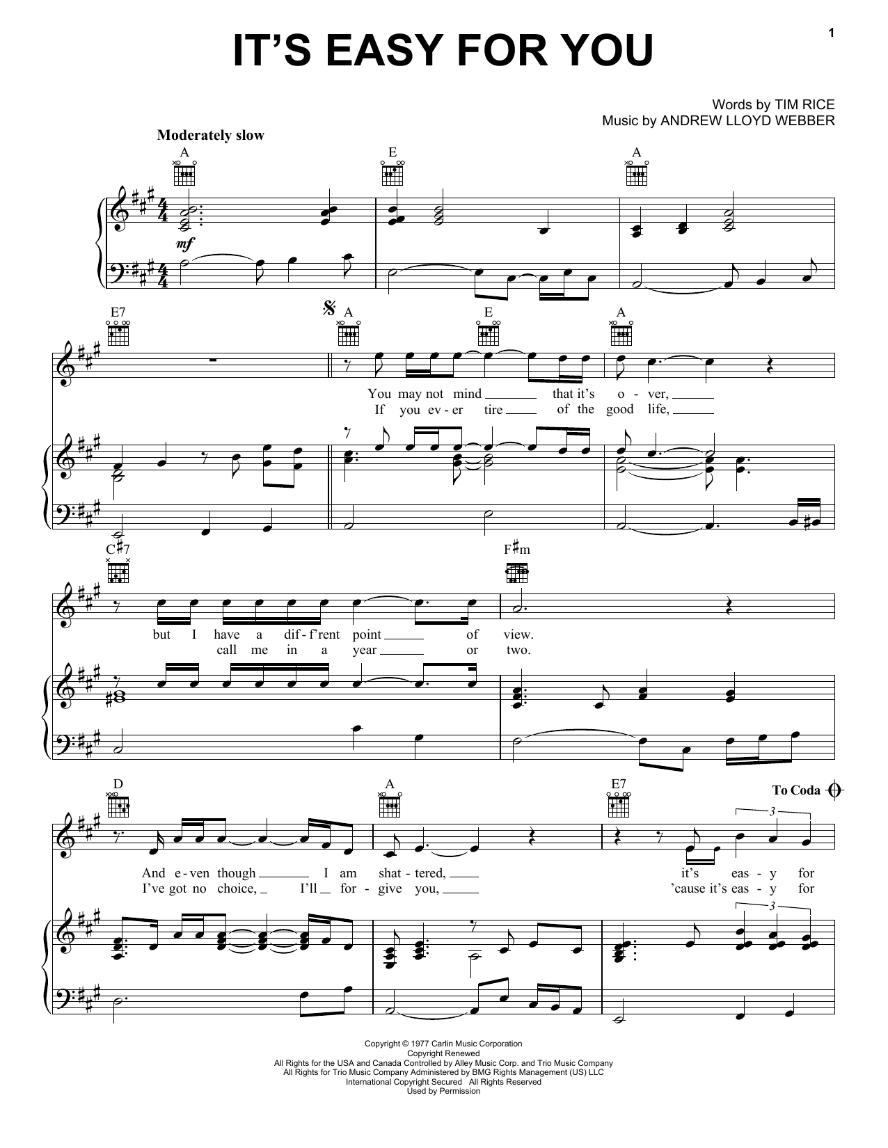 Andrew Lloyd Webber It's Easy For You sheet music notes and chords arranged for Easy Piano