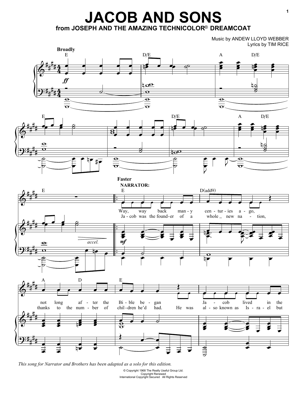 Andrew Lloyd Webber Jacob And Sons sheet music notes and chords arranged for Piano, Vocal & Guitar Chords (Right-Hand Melody)