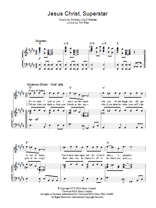 Andrew Lloyd Webber Jesus Christ, Superstar sheet music notes and chords arranged for Piano Chords/Lyrics