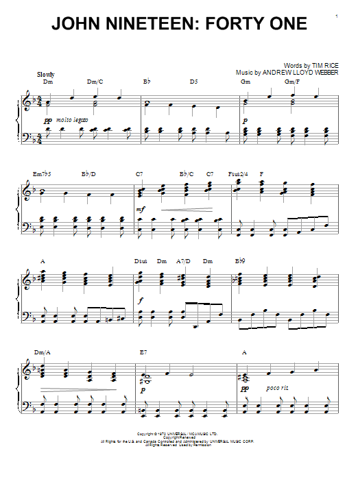 Andrew Lloyd Webber John Nineteen: Forty One sheet music notes and chords arranged for Piano Solo