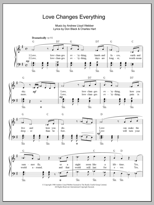 Andrew Lloyd Webber Love Changes Everything sheet music notes and chords arranged for Piano & Vocal