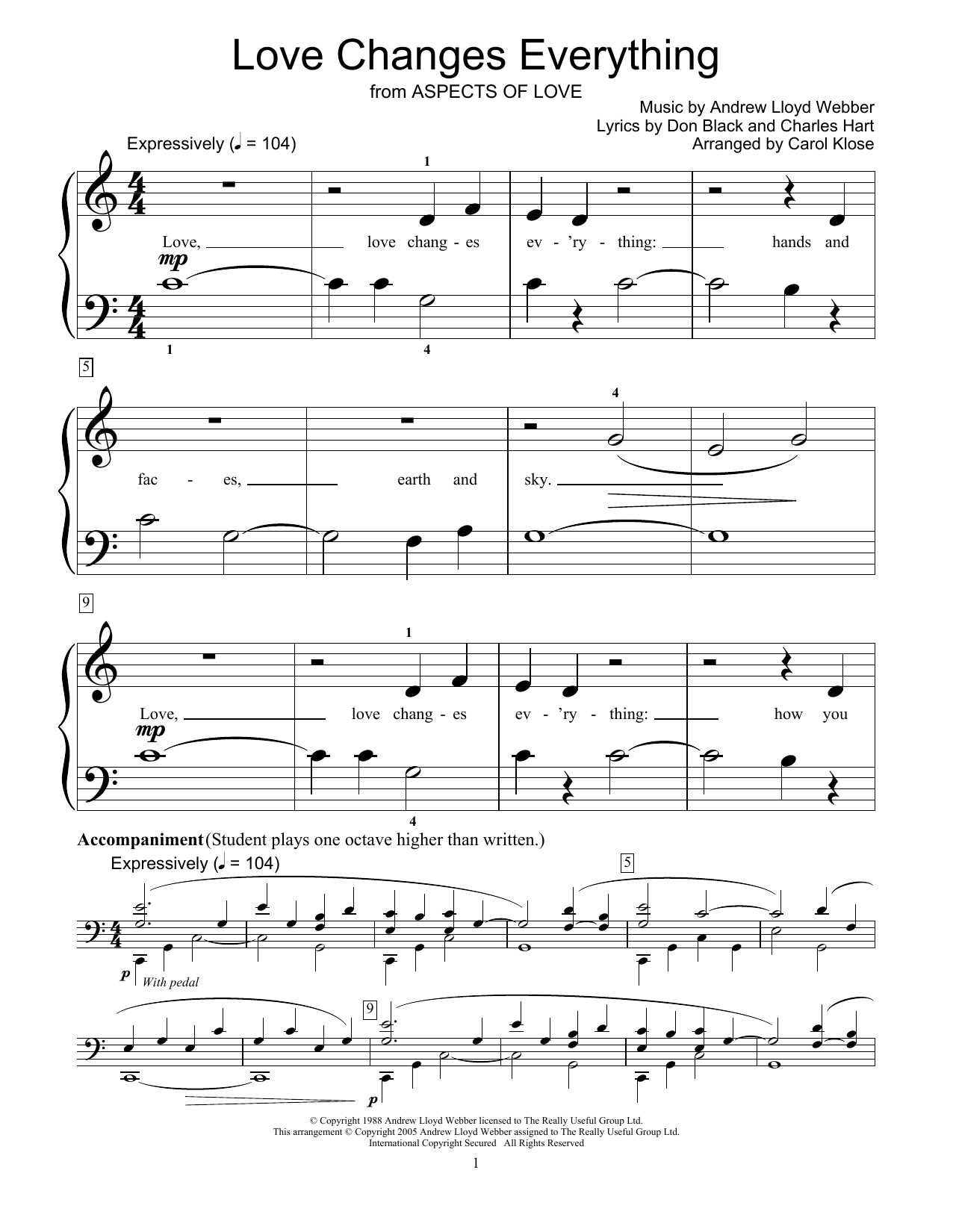 Andrew Lloyd Webber Love Changes Everything sheet music notes and chords arranged for Educational Piano