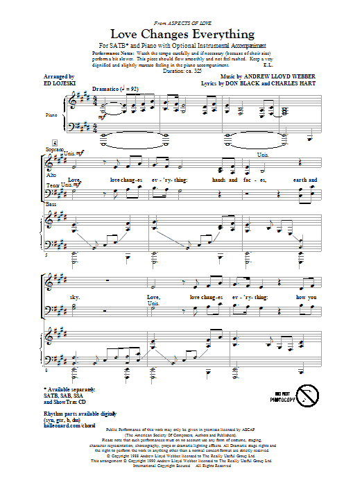 Andrew Lloyd Webber Love Changes Everything (from Aspects Of Love) (arr. Ed Lojeski) sheet music notes and chords arranged for SAB Choir