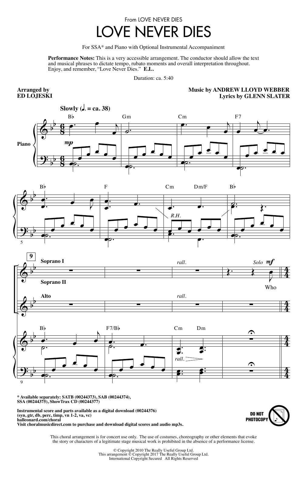 Andrew Lloyd Webber Love Never Dies (arr. Ed Lojeski) sheet music notes and chords arranged for SSA Choir