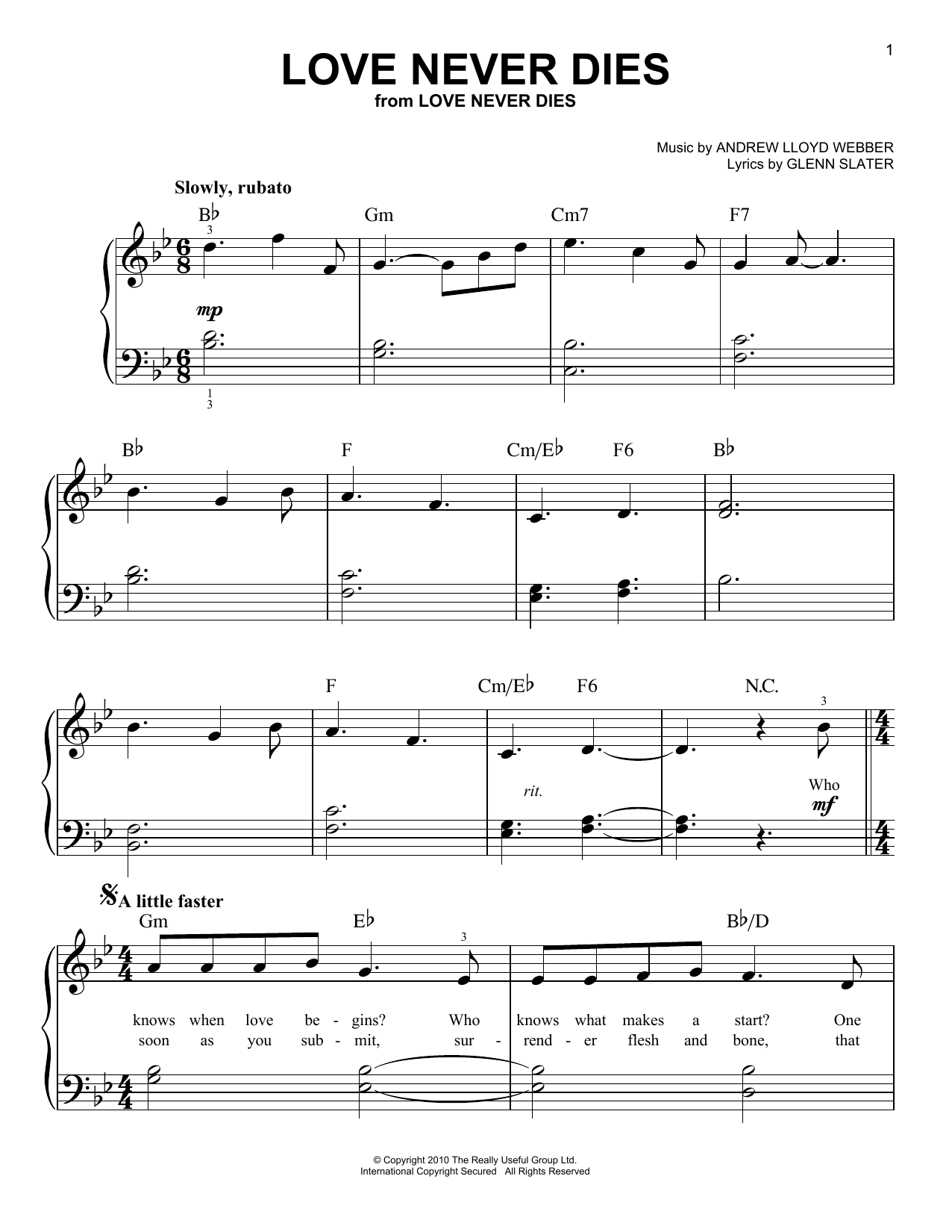 Andrew Lloyd Webber Love Never Dies (from Love Never Dies) sheet music notes and chords arranged for Very Easy Piano