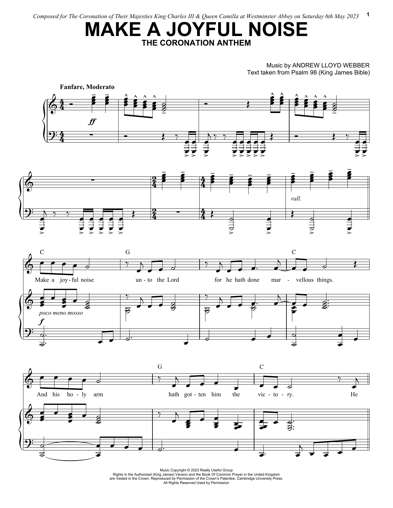 Andrew Lloyd Webber Make A Joyful Noise - The Coronation Anthem (for Unison Voices and Piano) sheet music notes and chords arranged for Unison Choir