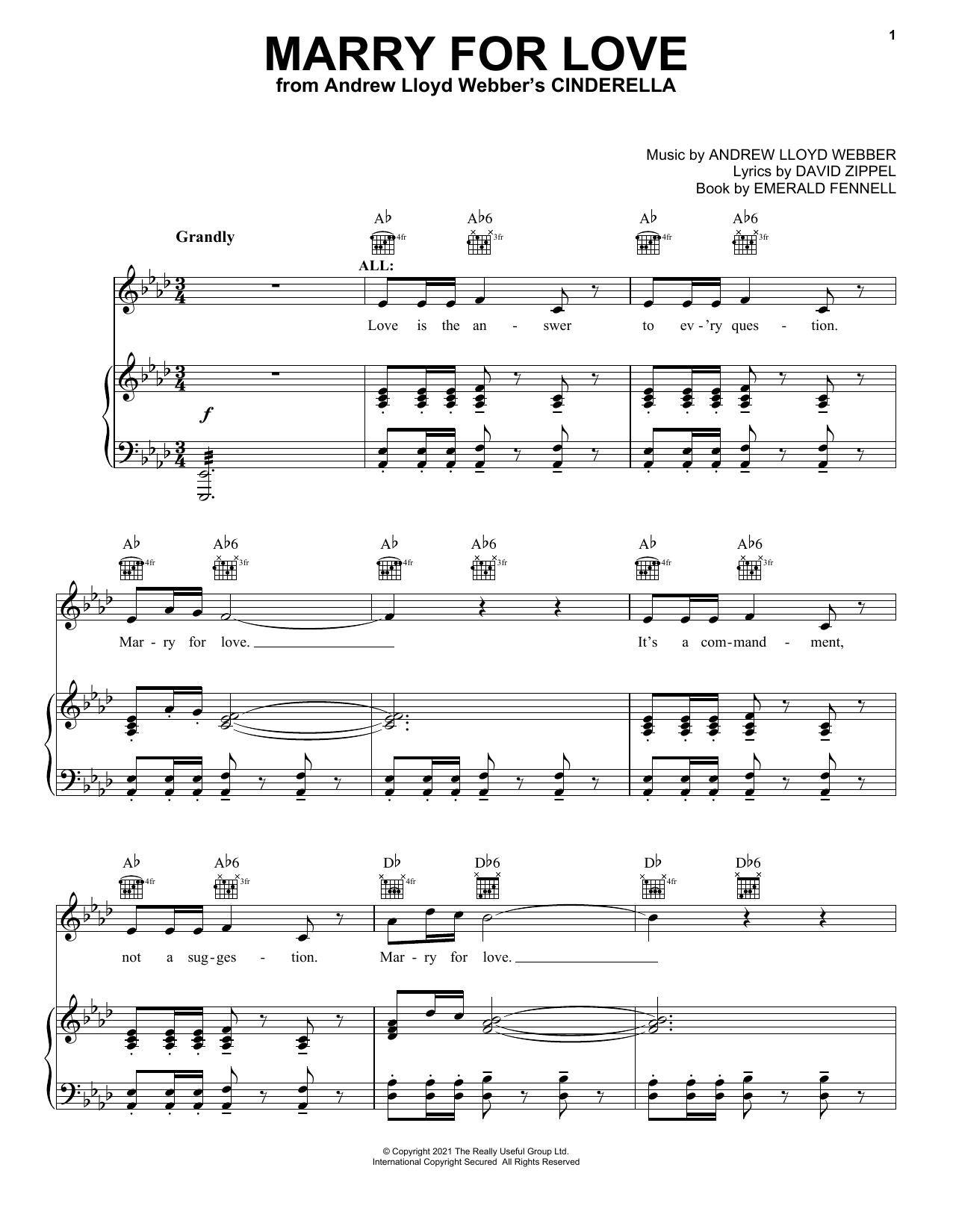 Andrew Lloyd Webber Marry For Love (from Andrew Lloyd Webber's Cinderella) sheet music notes and chords arranged for Piano, Vocal & Guitar Chords (Right-Hand Melody)