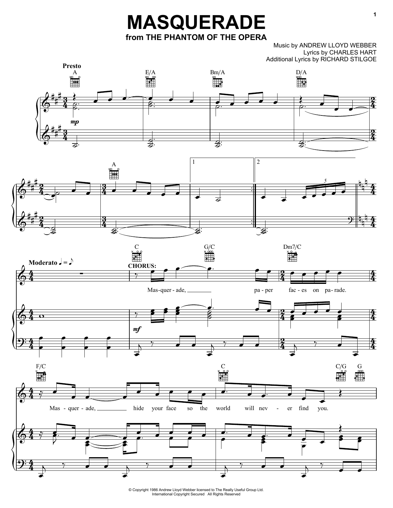 Andrew Lloyd Webber Masquerade (from The Phantom Of The Opera) sheet music notes and chords arranged for Piano Duet