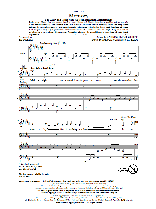 Andrew Lloyd Webber Memory (from Cats) (arr. Ed Lojeski) sheet music notes and chords arranged for SATB Choir