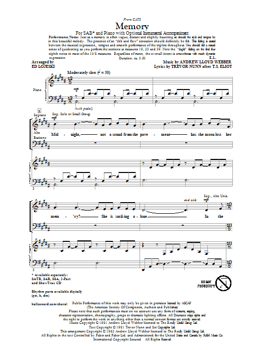 Andrew Lloyd Webber Memory (from Cats) (arr. Ed Lojeski) sheet music notes and chords arranged for SSA Choir