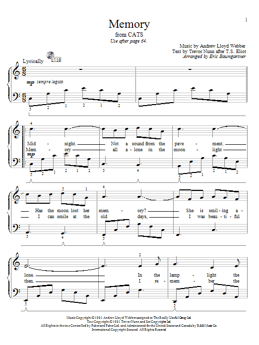 Andrew Lloyd Webber Memory (from Cats) (arr. Eric Baumgartner) sheet music notes and chords arranged for Educational Piano