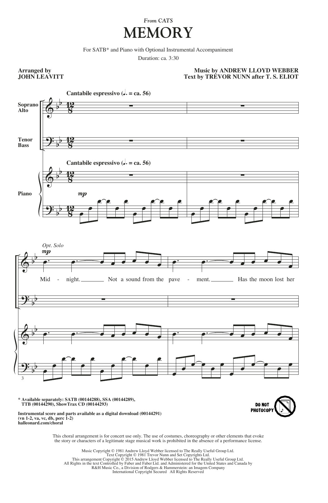 Andrew Lloyd Webber Memory (from Cats) (arr. John Leavitt) sheet music notes and chords arranged for TTB Choir