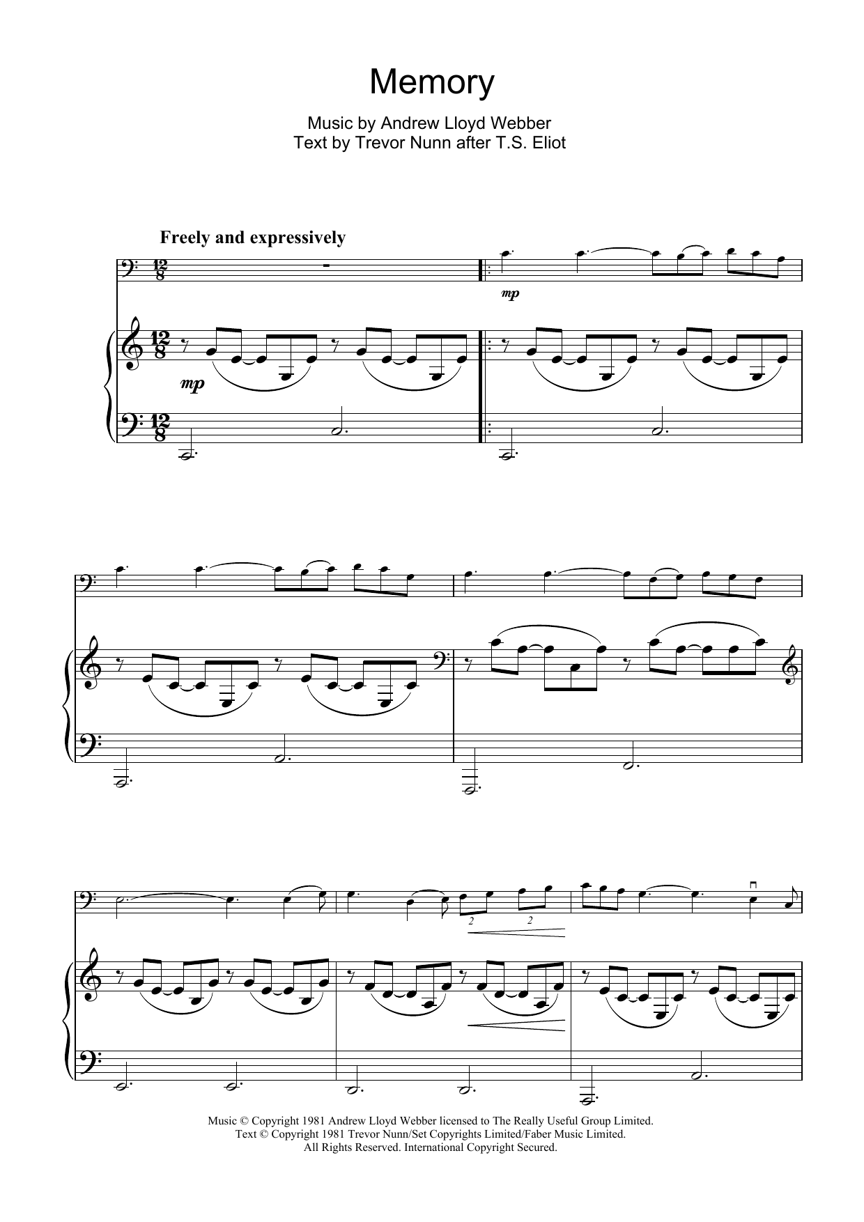 Andrew Lloyd Webber Memory (Verse only) (from Cats) sheet music notes and chords arranged for Cello Solo