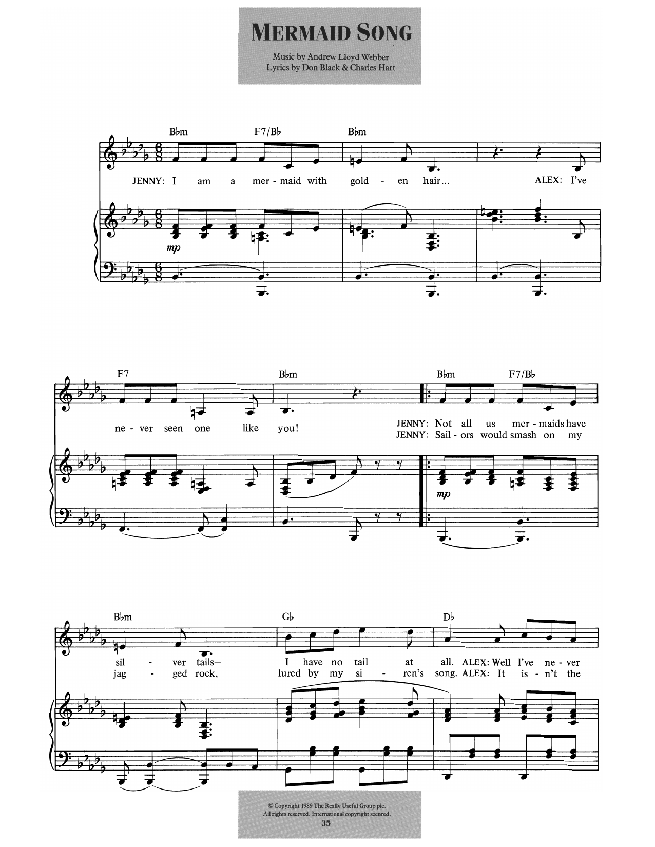Andrew Lloyd Webber Mermaid Song (from Aspects Of Love) sheet music notes and chords arranged for Piano & Vocal