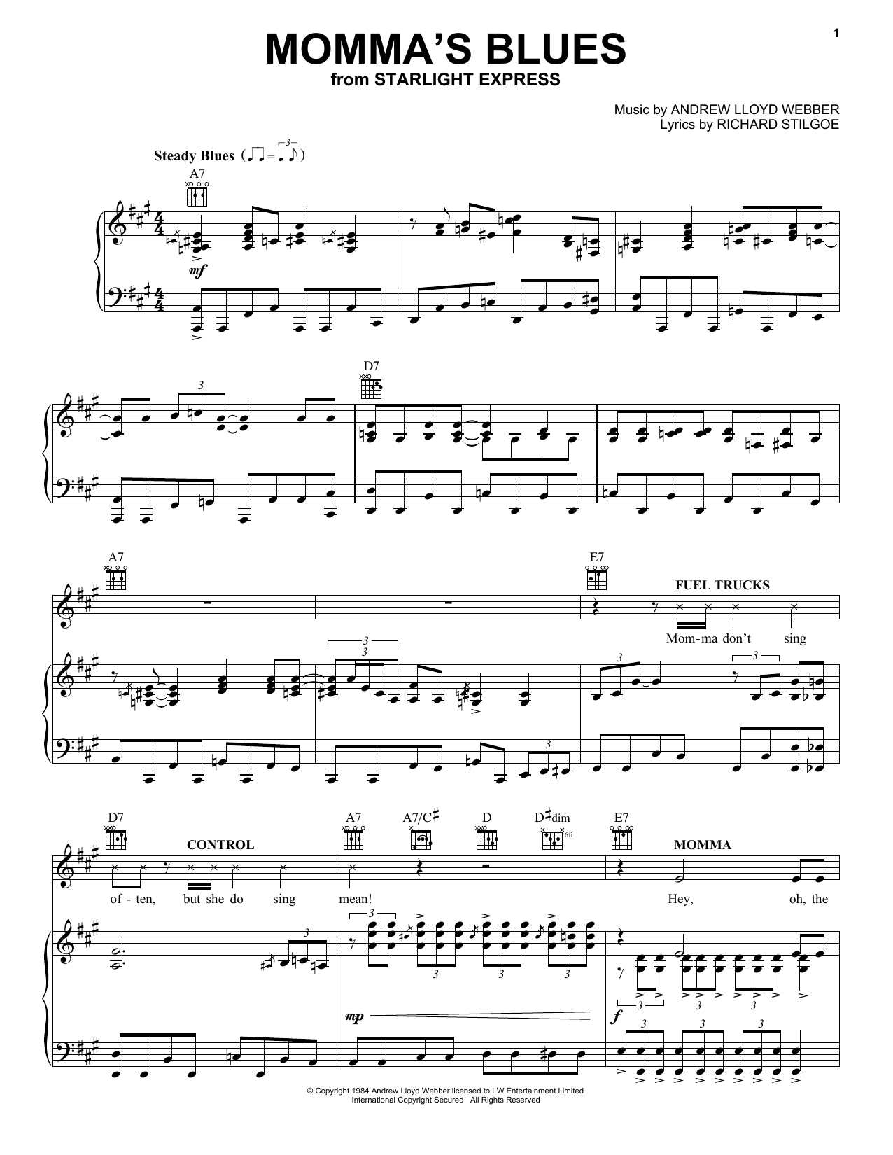 Andrew Lloyd Webber Momma's Blues (from Starlight Express) sheet music notes and chords arranged for Piano, Vocal & Guitar Chords (Right-Hand Melody)