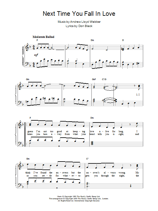 Andrew Lloyd Webber Next Time You Fall In Love sheet music notes and chords arranged for Piano Solo