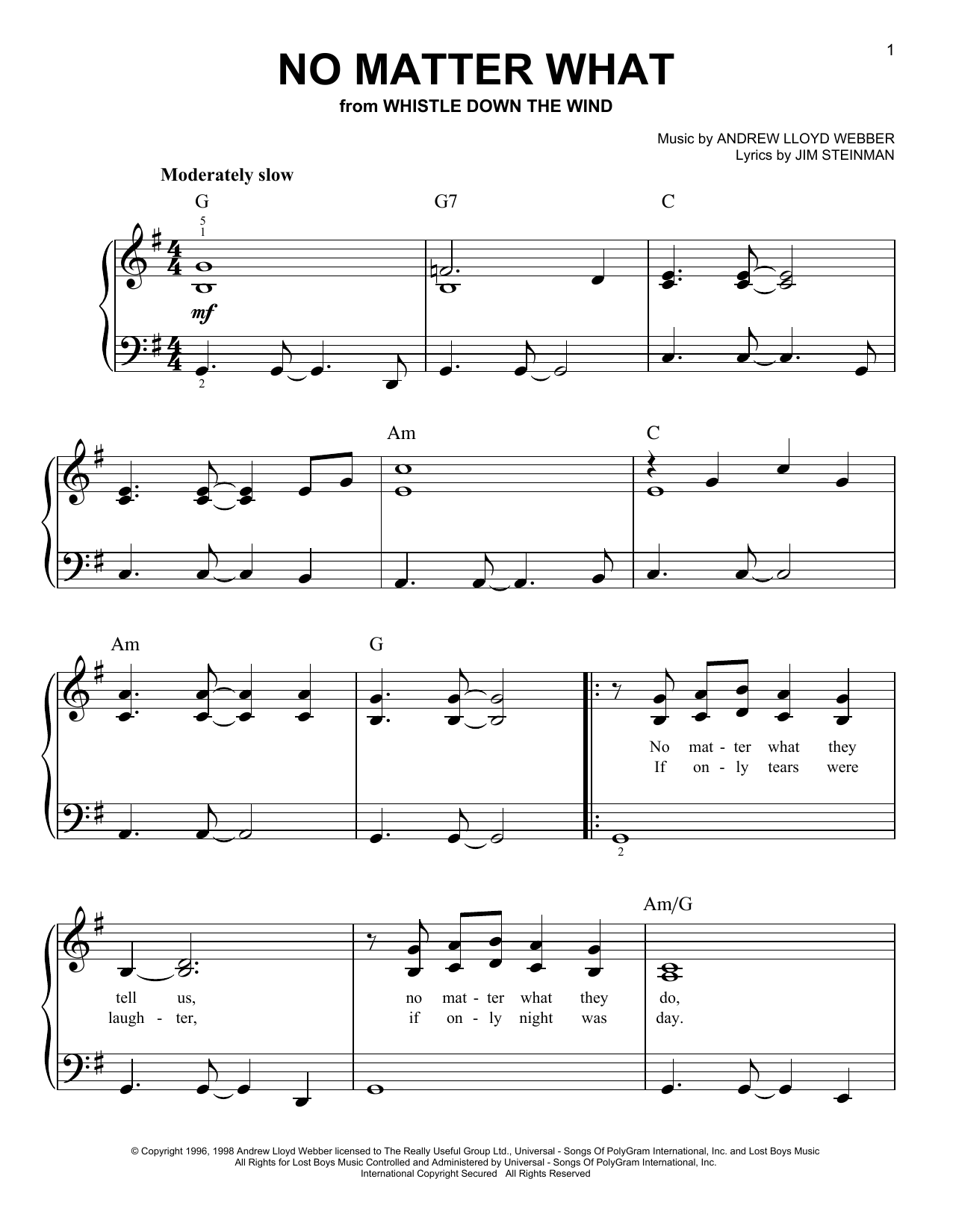 Andrew Lloyd Webber No Matter What (from Whistle Down the Wind) sheet music notes and chords arranged for Easy Piano