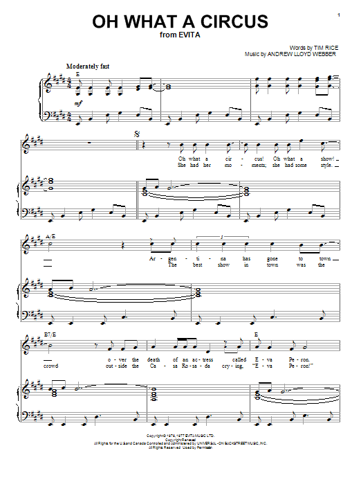 Andrew Lloyd Webber Oh What A Circus sheet music notes and chords arranged for Piano & Vocal