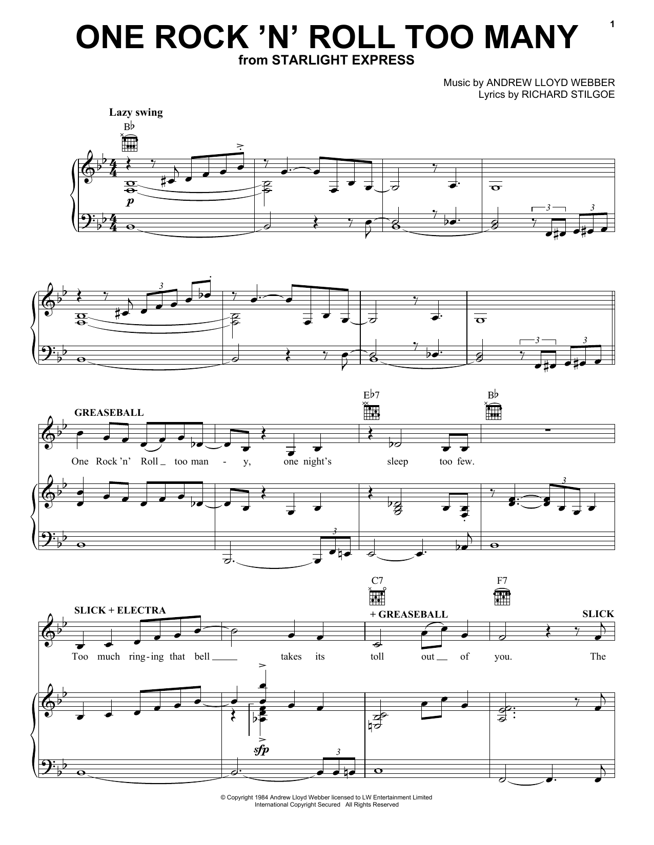 Andrew Lloyd Webber One Rock 'N' Roll Too Many (from Starlight Express) sheet music notes and chords arranged for Piano, Vocal & Guitar Chords (Right-Hand Melody)