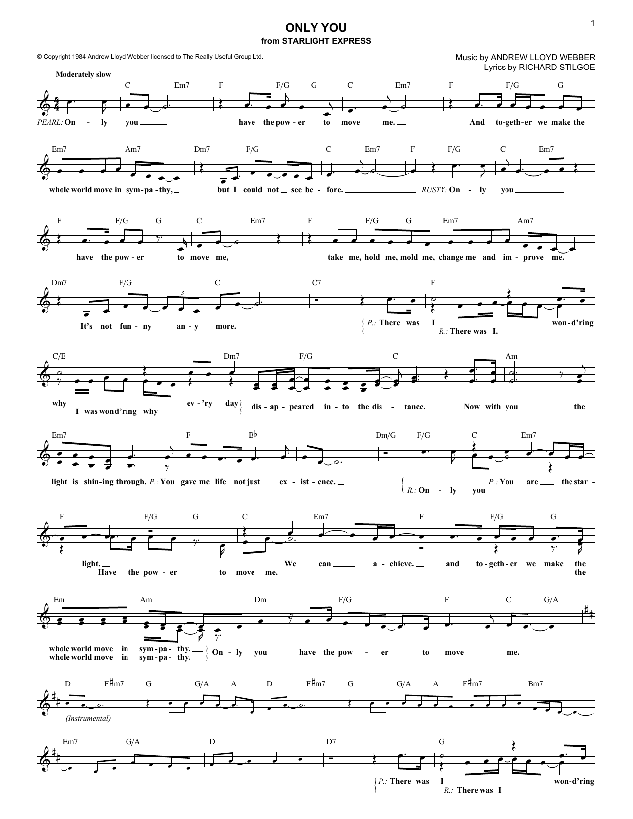 Andrew Lloyd Webber Only You sheet music notes and chords arranged for Piano, Vocal & Guitar Chords