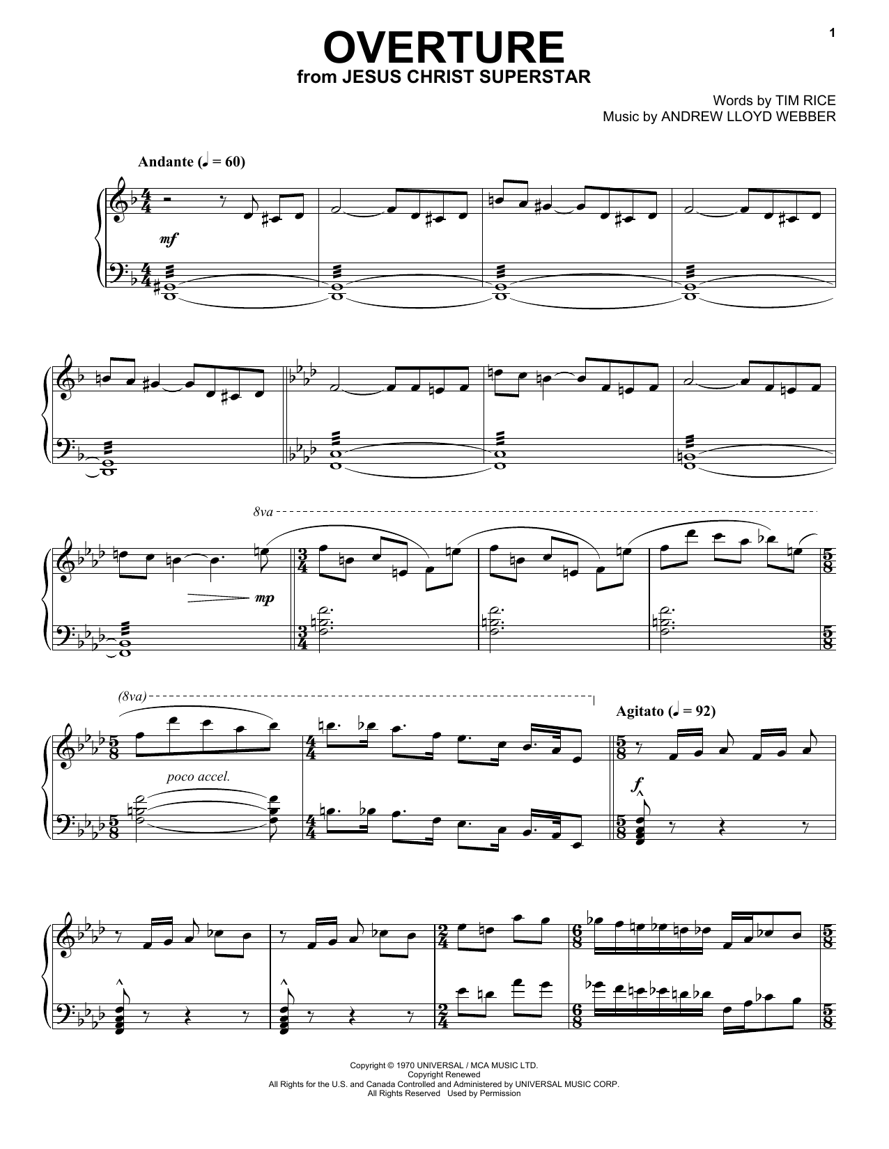 Andrew Lloyd Webber Overture sheet music notes and chords arranged for Piano Solo