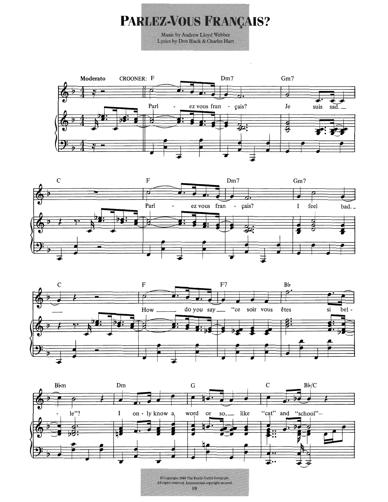 Andrew Lloyd Webber Parlez-vous Francais? (from Aspects Of Love) sheet music notes and chords arranged for Piano & Vocal