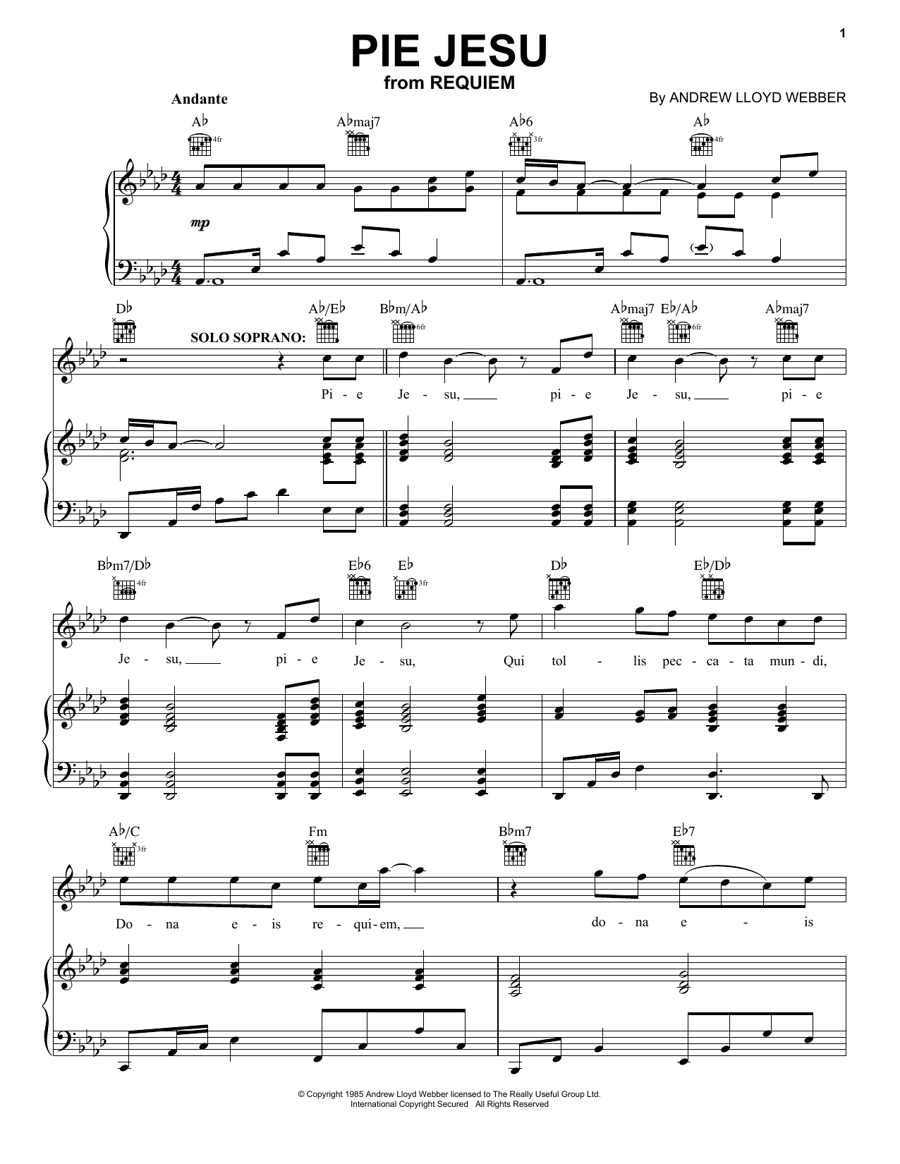 Andrew Lloyd Webber Pie Jesu (from Requiem) sheet music notes and chords arranged for Tenor Sax Solo