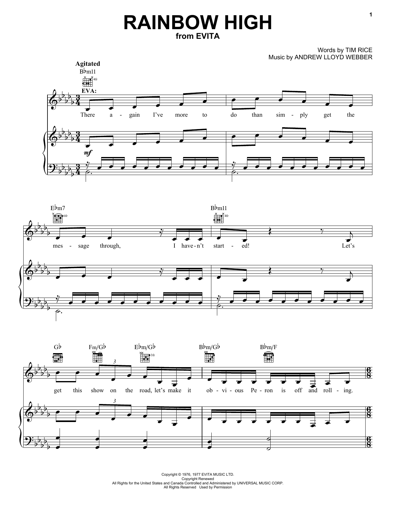 Andrew Lloyd Webber Rainbow High (from Evita) sheet music notes and chords arranged for Piano, Vocal & Guitar Chords (Right-Hand Melody)