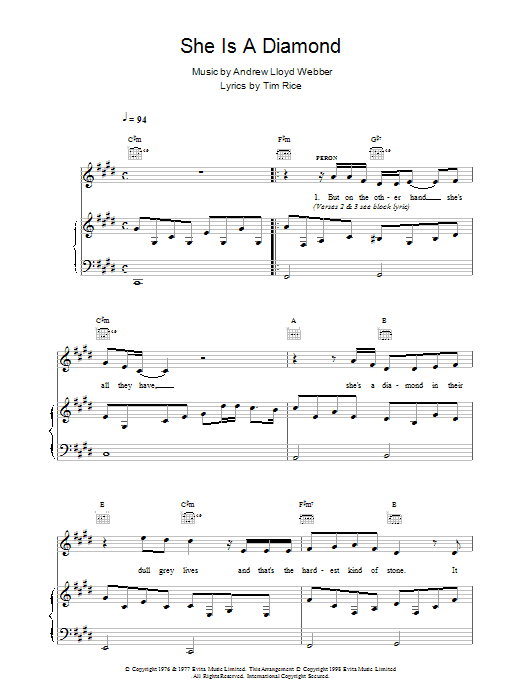 Andrew Lloyd Webber She Is A Diamond sheet music notes and chords arranged for Piano, Vocal & Guitar Chords