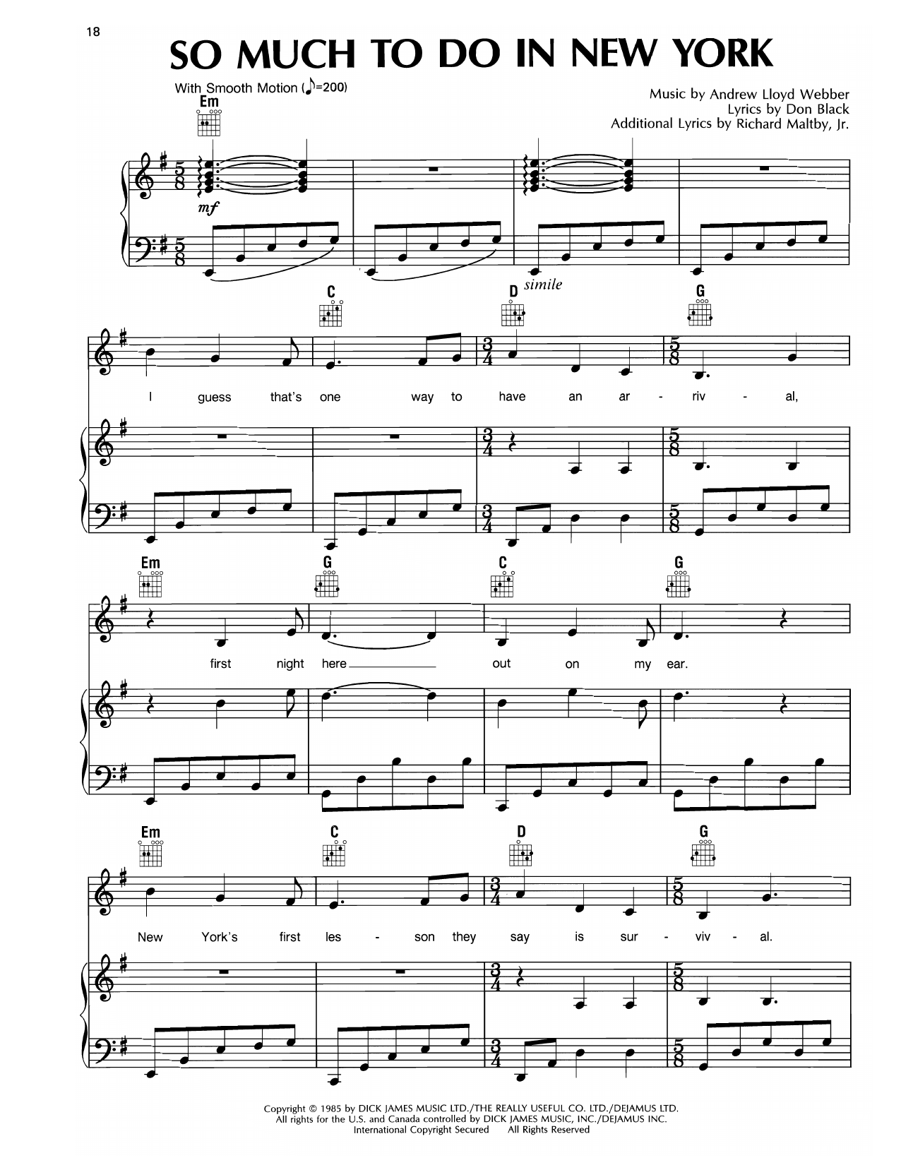 Andrew Lloyd Webber So Much To Do In New York (I) (from Song & Dance) sheet music notes and chords arranged for Piano, Vocal & Guitar Chords (Right-Hand Melody)