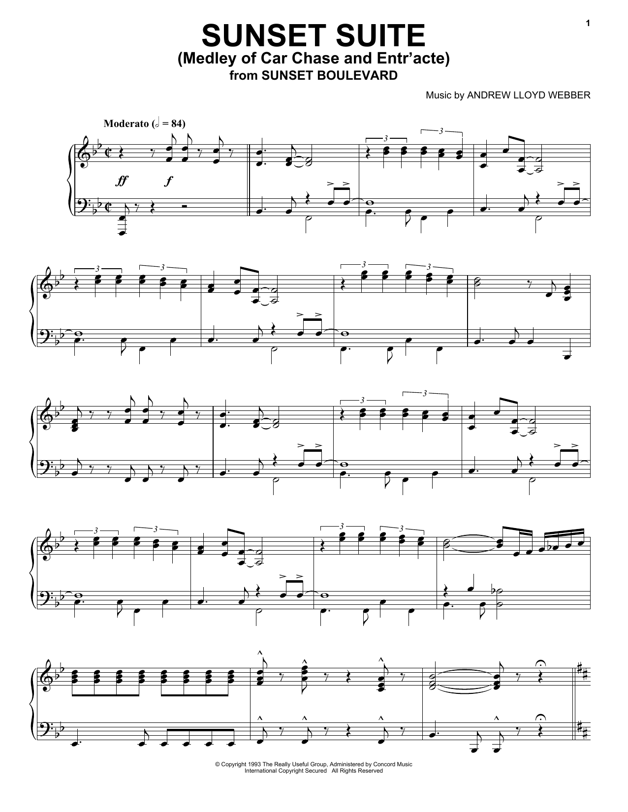 Andrew Lloyd Webber Sunset Suite (Medley Of Car Chase And Entr'acte) sheet music notes and chords arranged for Piano Solo