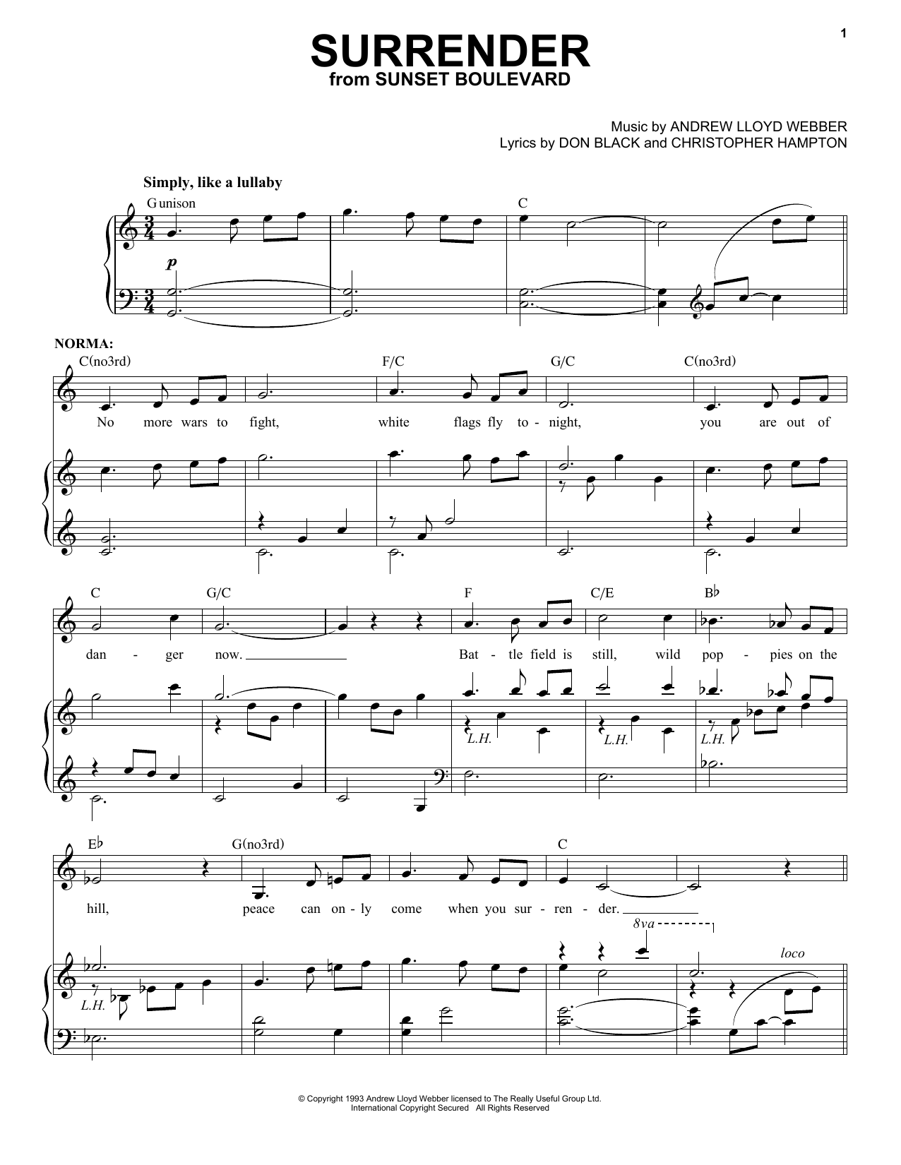 Andrew Lloyd Webber Surrender sheet music notes and chords arranged for Piano & Vocal