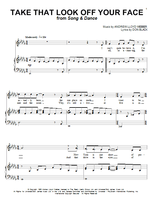 Andrew Lloyd Webber Take That Look Off Your Face sheet music notes and chords arranged for Piano & Vocal
